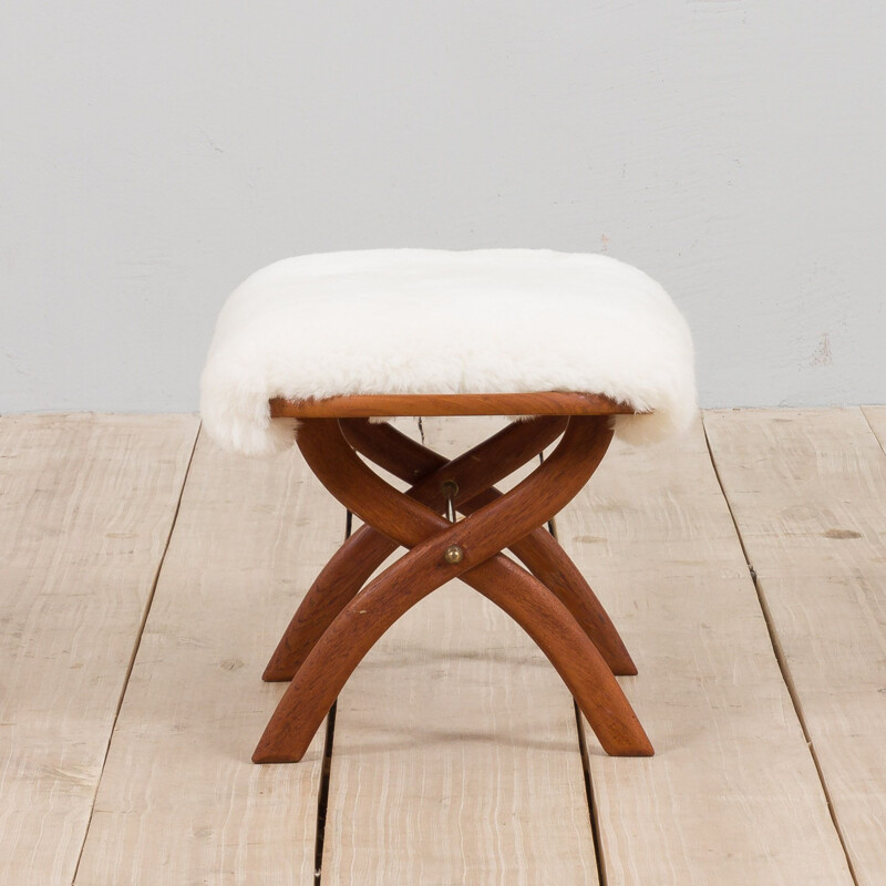 Vintage danish solid teak stool in Merino sheepskin, 1950s 