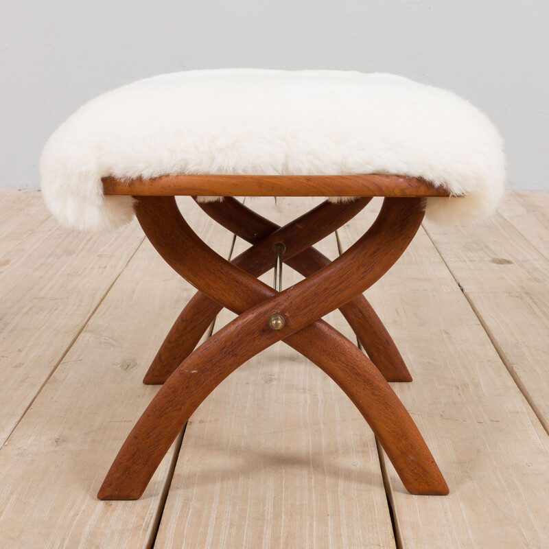 Vintage danish solid teak stool in Merino sheepskin, 1950s 