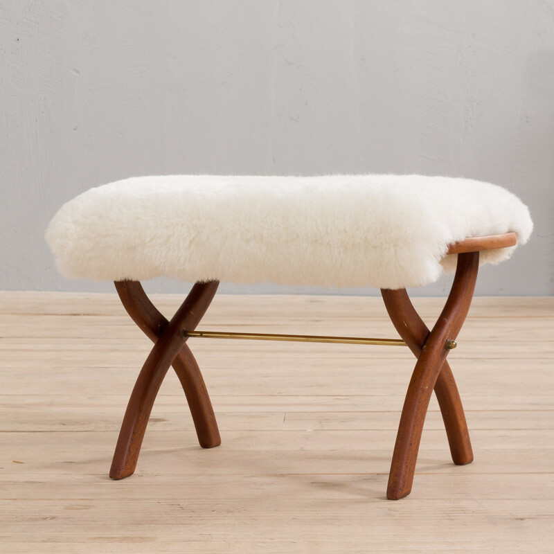 Vintage danish solid teak stool in Merino sheepskin, 1950s 