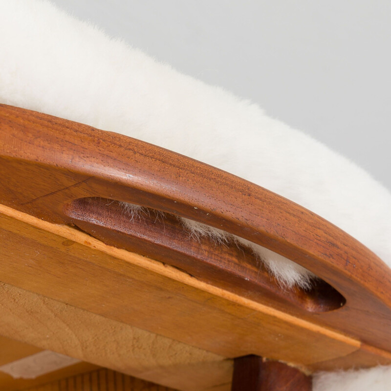 Vintage danish solid teak stool in Merino sheepskin, 1950s 