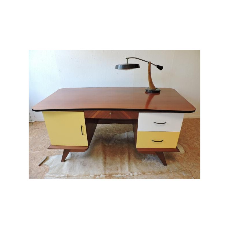 Large office desk in wood with compass legs - 1950s