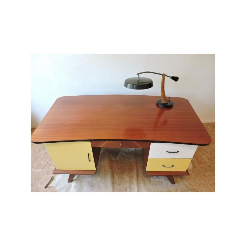 Large office desk in wood with compass legs - 1950s
