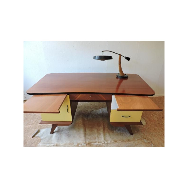 Large office desk in wood with compass legs - 1950s