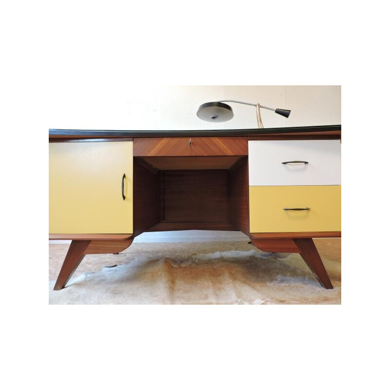 Large office desk in wood with compass legs - 1950s