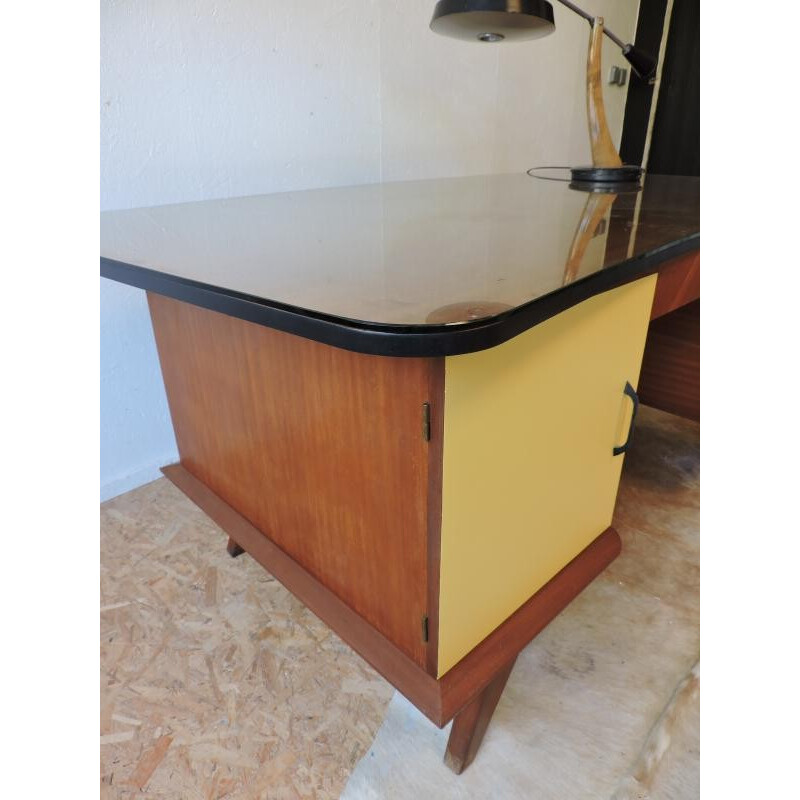 Large office desk in wood with compass legs - 1950s