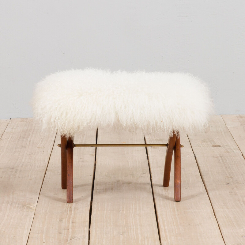 Mid-century danish solid teak stool in natural long hair white sheepskin, 1950s