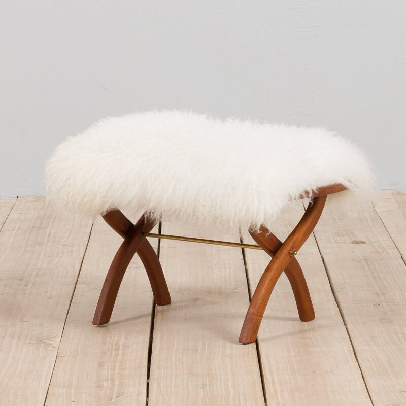 Mid-century danish solid teak stool in natural long hair white sheepskin, 1950s