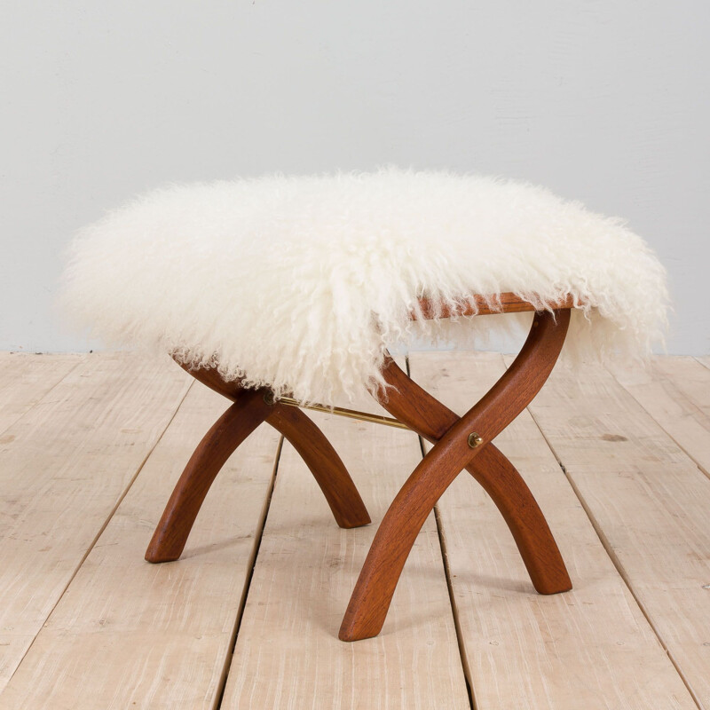 Mid-century danish solid teak stool in natural long hair white sheepskin, 1950s