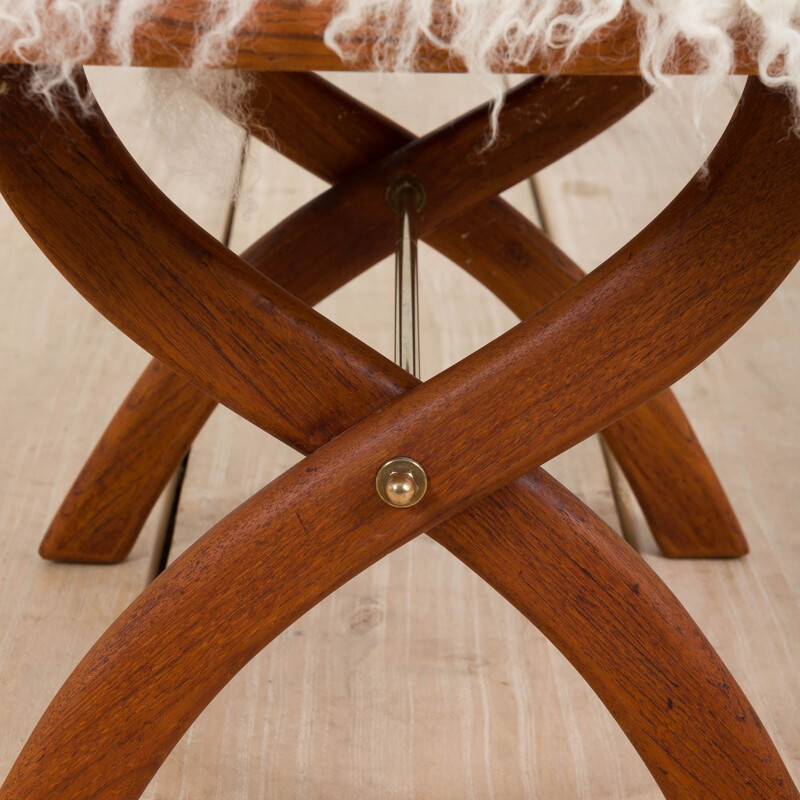 Mid-century danish solid teak stool in natural long hair white sheepskin, 1950s