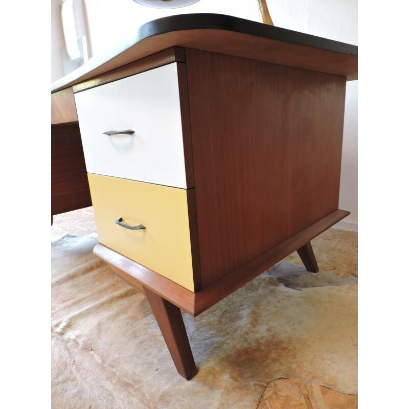 Large office desk in wood with compass legs - 1950s