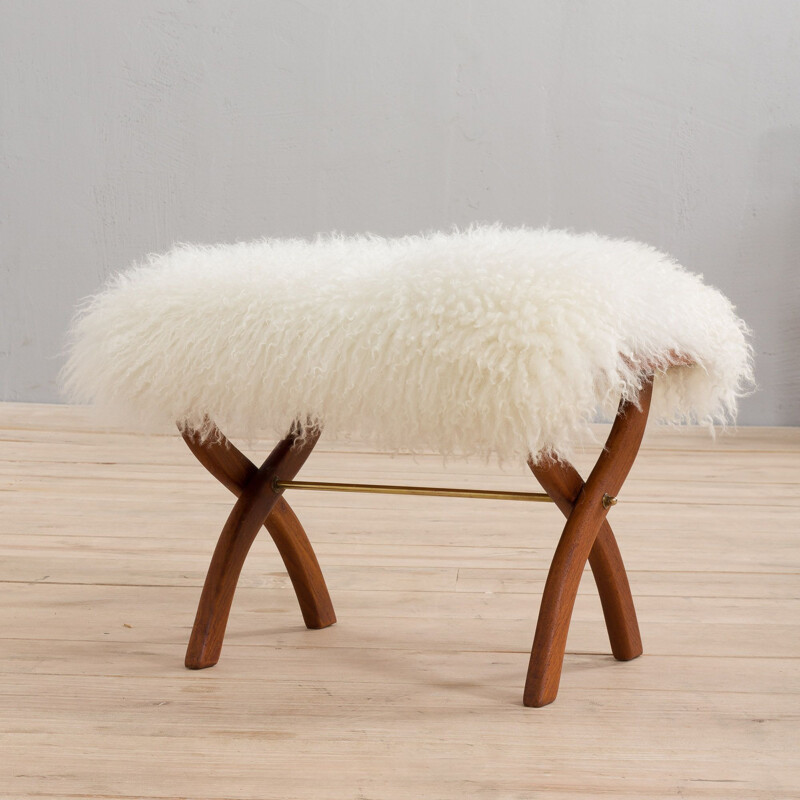 Mid-century danish solid teak stool in natural long hair white sheepskin, 1950s