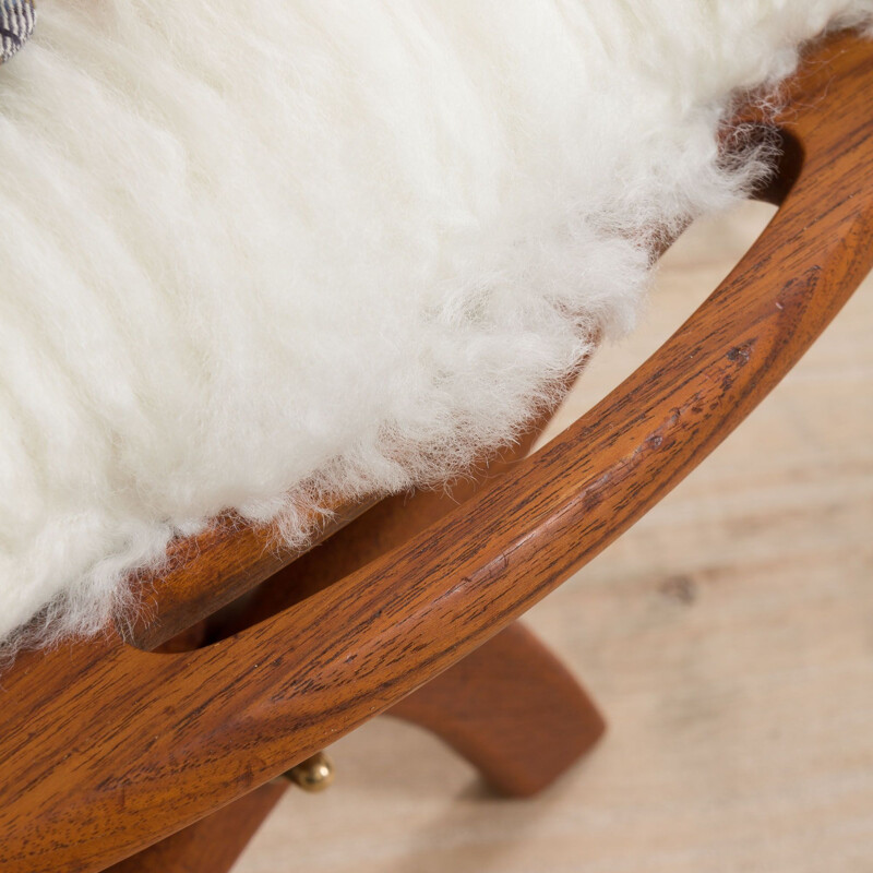 Mid-century danish solid teak stool in natural long hair white sheepskin, 1950s