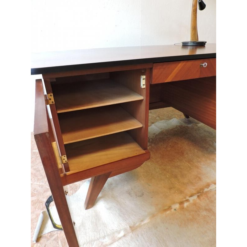 Large office desk in wood with compass legs - 1950s