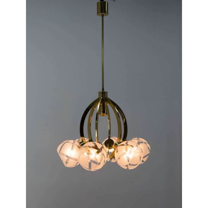 Vintage brass and glass 6-flame chandelier, 1980