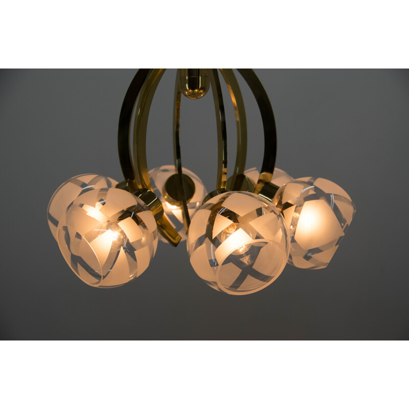 Vintage brass and glass 6-flame chandelier, 1980