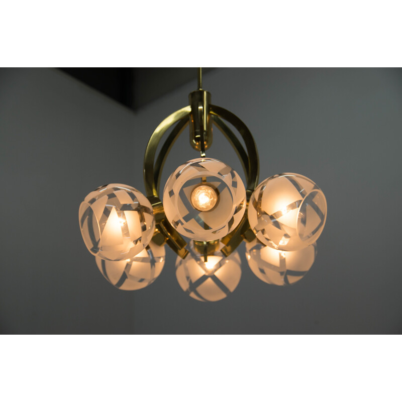 Vintage brass and glass 6-flame chandelier, 1980