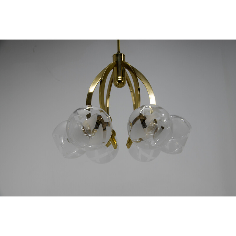 Vintage brass and glass 6-flame chandelier, 1980