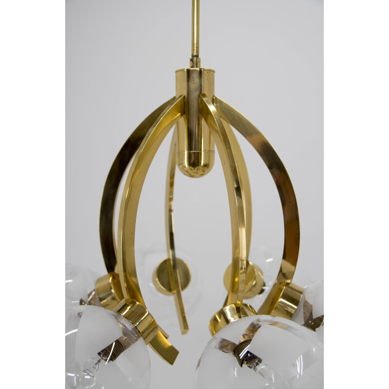 Vintage brass and glass 6-flame chandelier, 1980