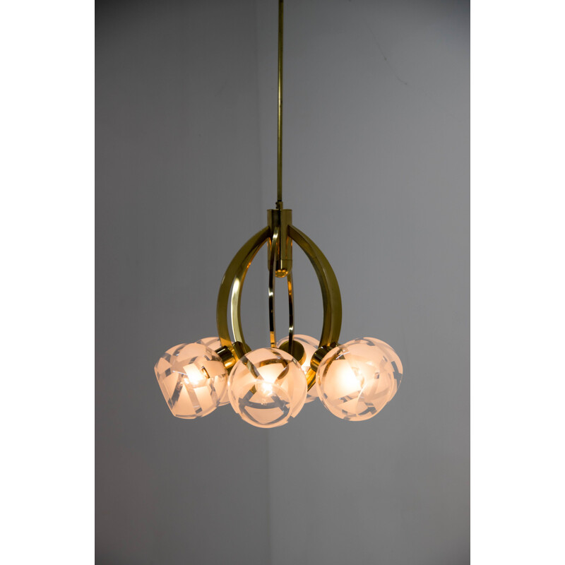 Vintage brass and glass 6-flame chandelier, 1980