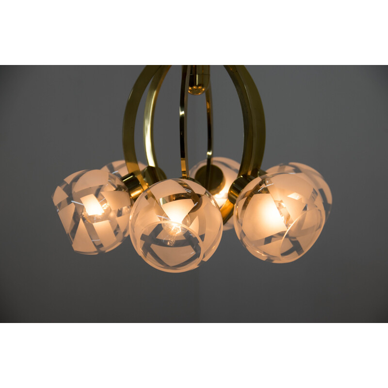 Vintage brass and glass 6-flame chandelier, 1980
