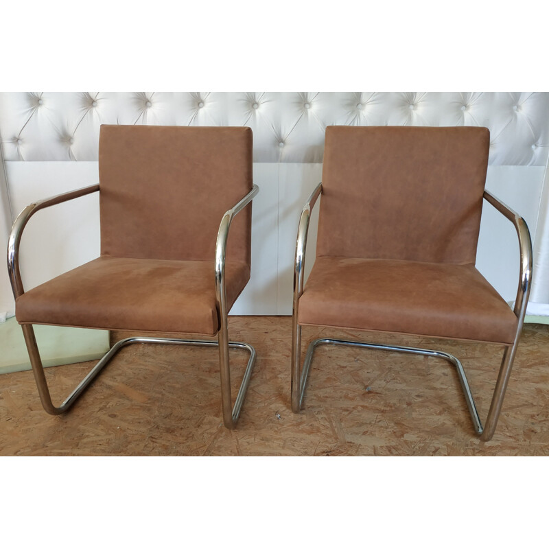 Pair of vintage Brno tubular steel armchairs by Lugwig Mies Van Der Rohe for Knoll Inc, 1980