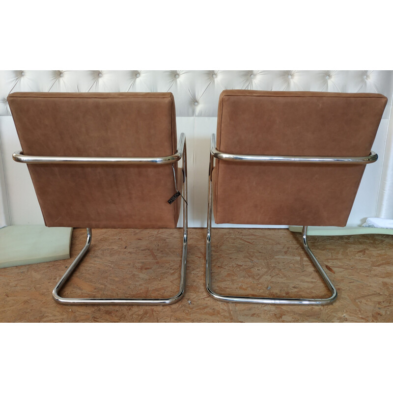 Pair of vintage Brno tubular steel armchairs by Lugwig Mies Van Der Rohe for Knoll Inc, 1980