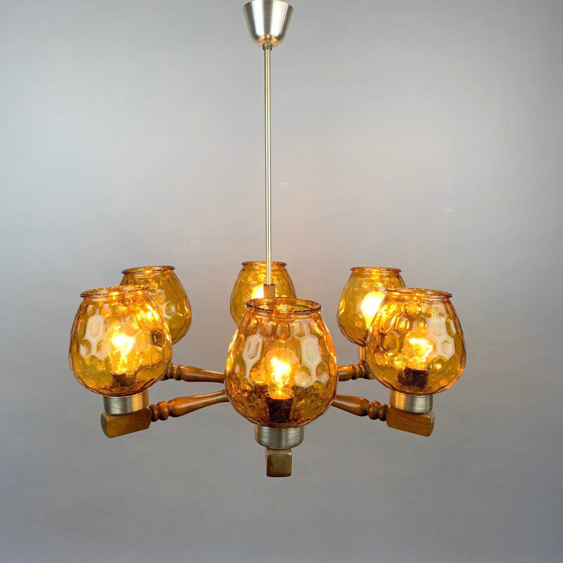 Mid-century wood and glass chandelier, 1970s