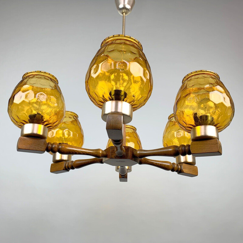 Mid-century wood and glass chandelier, 1970s