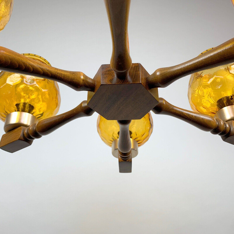 Mid-century wood and glass chandelier, 1970s