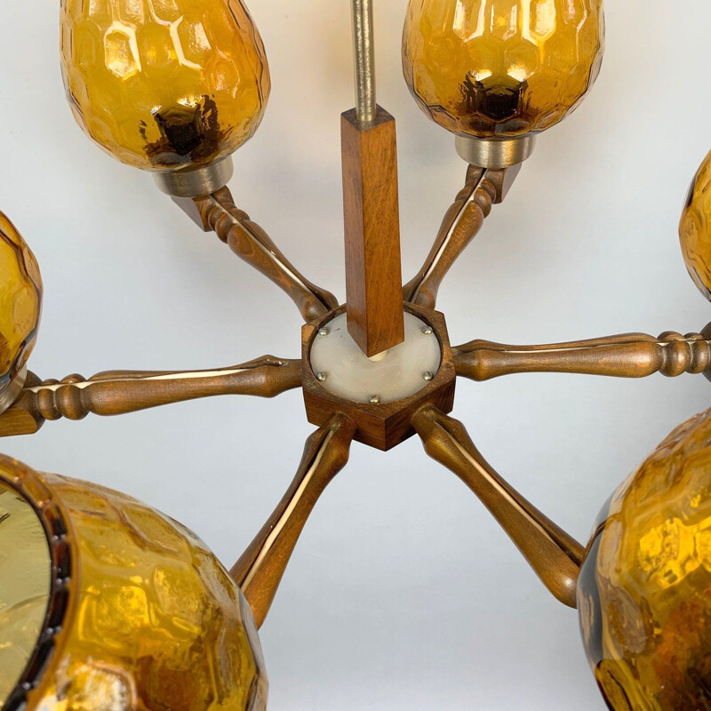 Mid-century wood and glass chandelier, 1970s