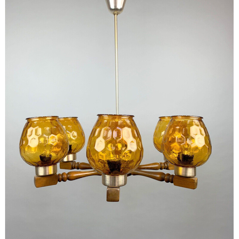Mid-century wood and glass chandelier, 1970s