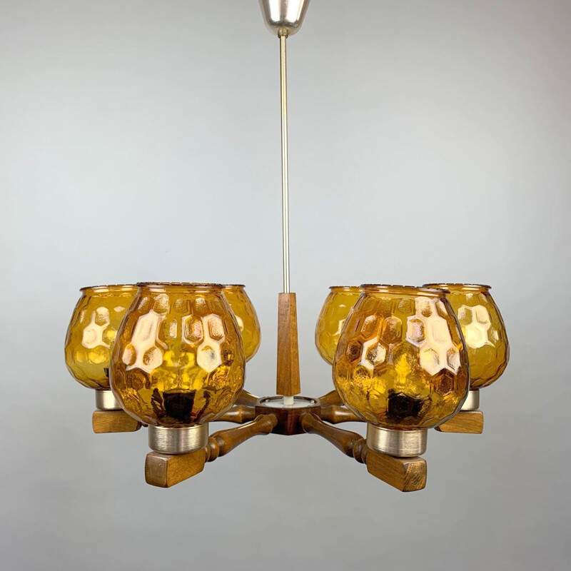 Mid-century wood and glass chandelier, 1970s