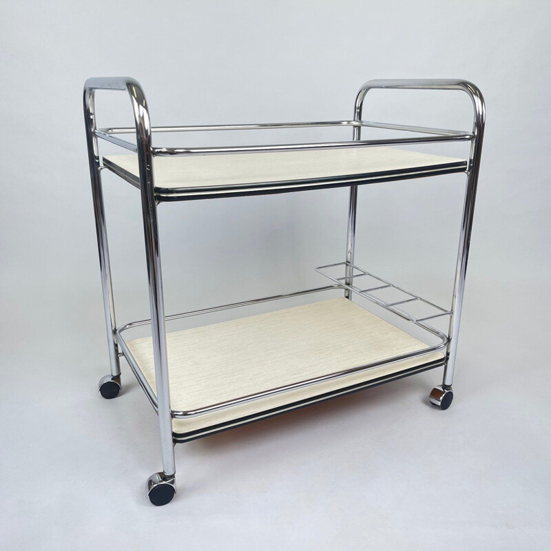 Vintage chrome and plywood serving cart, 1980s 