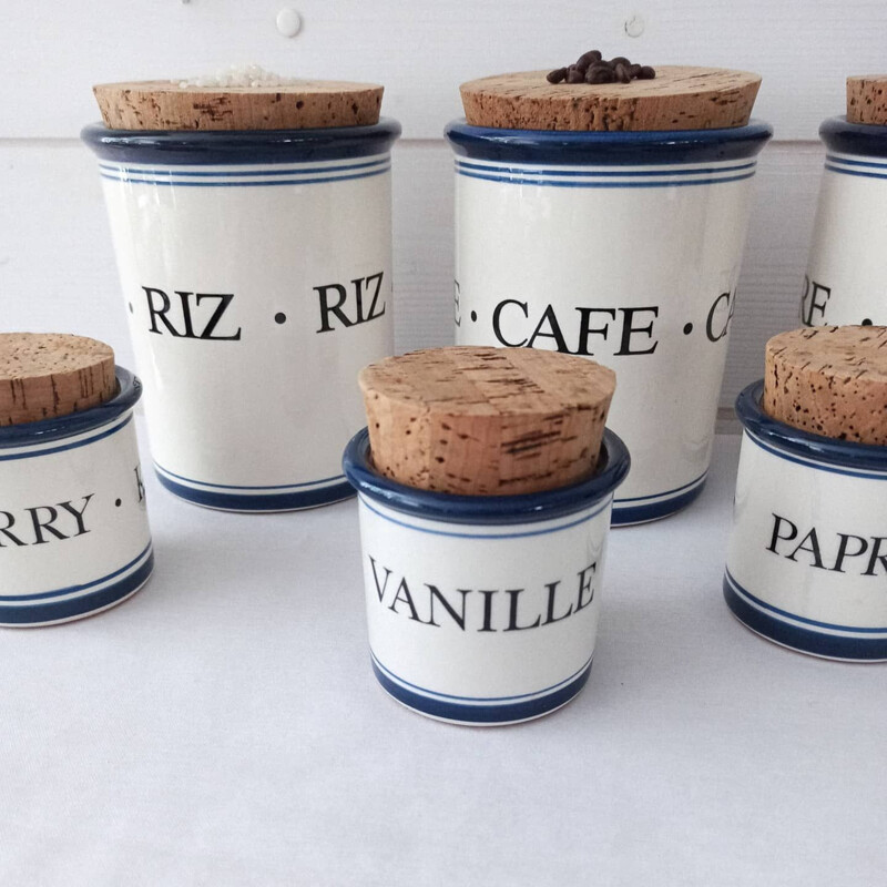 Series of vintage pots in glazed terracotta and cork lids
