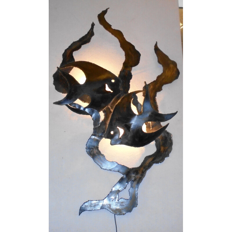 Vintage wall lamp in painted metal representing fish, 1970