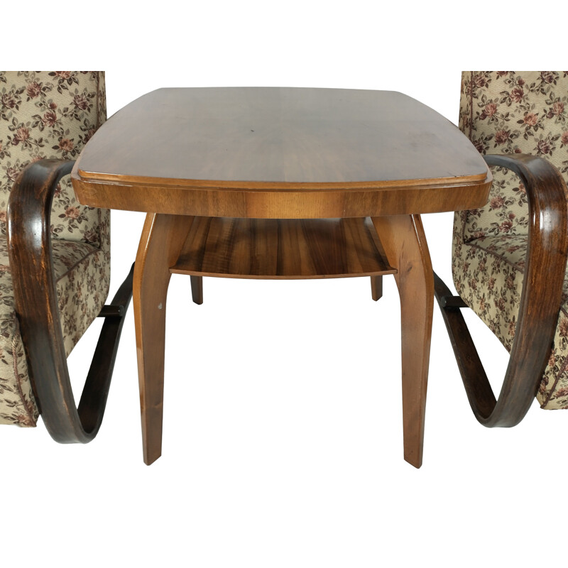 Set of 2 mid-century armchairs and table by Jindřich Halabala, Czech Republic 1930s
