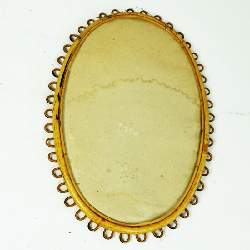 Miroir ovale italien vintage en bambou et rotin par Franco Albini
