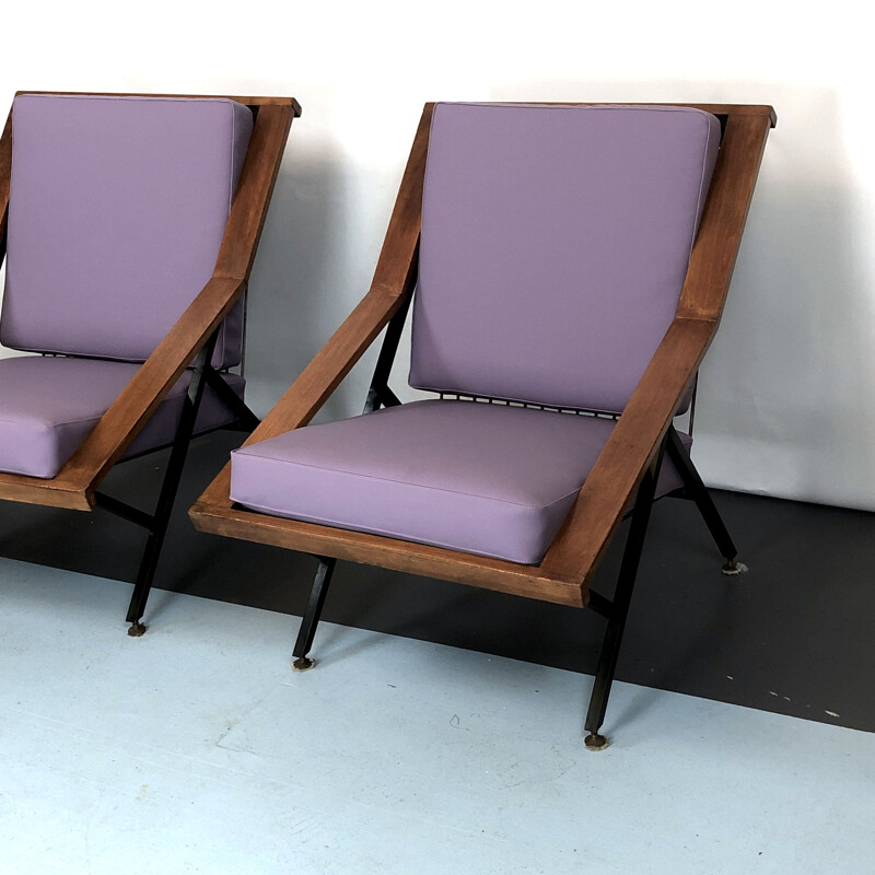 Paire de fauteuils vintage en bois et métal, France 1950