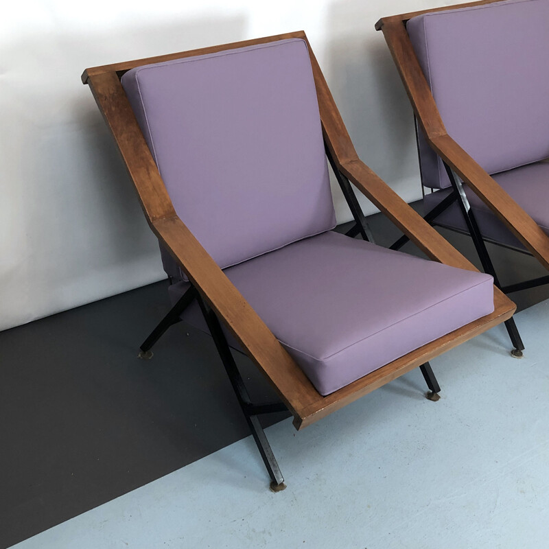 Pair of vintage wood and metal armchairs, France 1950