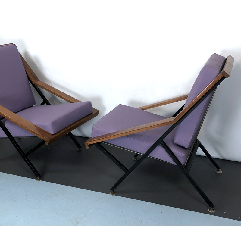 Paar vintage houten en metalen fauteuils, Frankrijk 1950