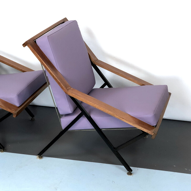 Pair of vintage wood and metal armchairs, France 1950