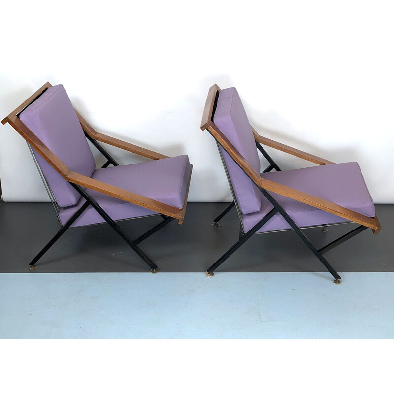 Paire de fauteuils vintage en bois et métal, France 1950
