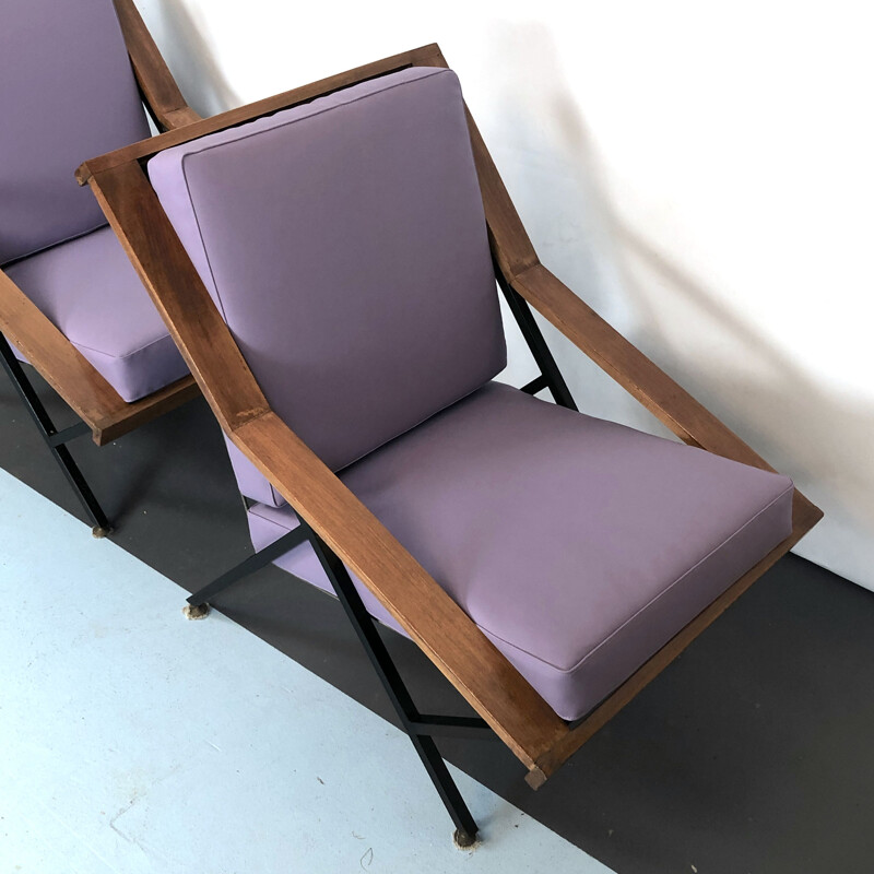 Paar vintage houten en metalen fauteuils, Frankrijk 1950