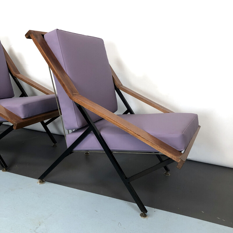 Paar vintage houten en metalen fauteuils, Frankrijk 1950