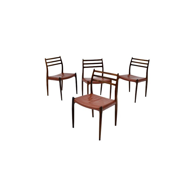 Set Of 4 vintage Model 78 Brazilian Rosewood Chairs With Original Leather Niels Moller  1960s