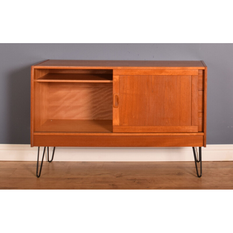 Danish teak vintage short sideboard with hairpin legs, 1960s