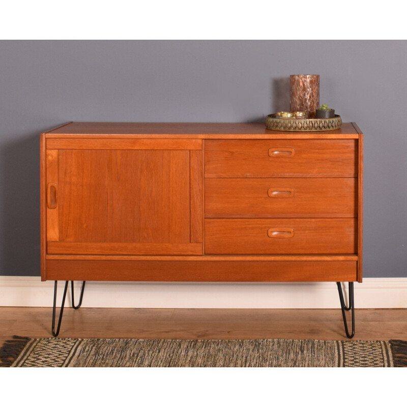 Danish teak vintage short sideboard with hairpin legs, 1960s