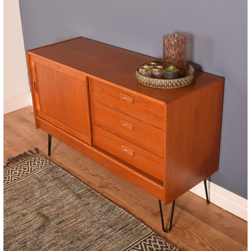 Danish teak vintage short sideboard with hairpin legs, 1960s