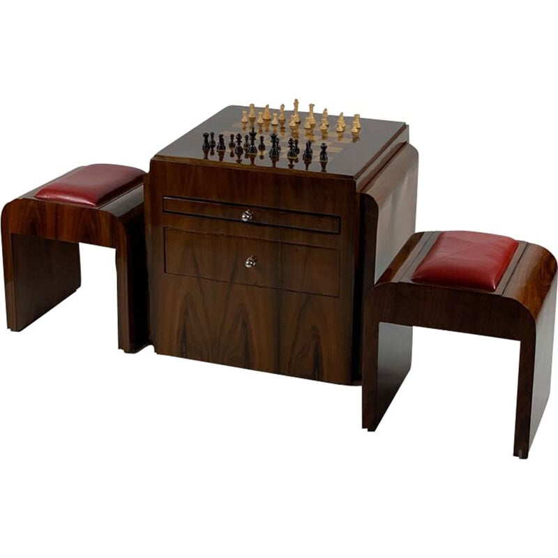 Vintage Art Deco rosewood chess table with figures and two stools, 1930