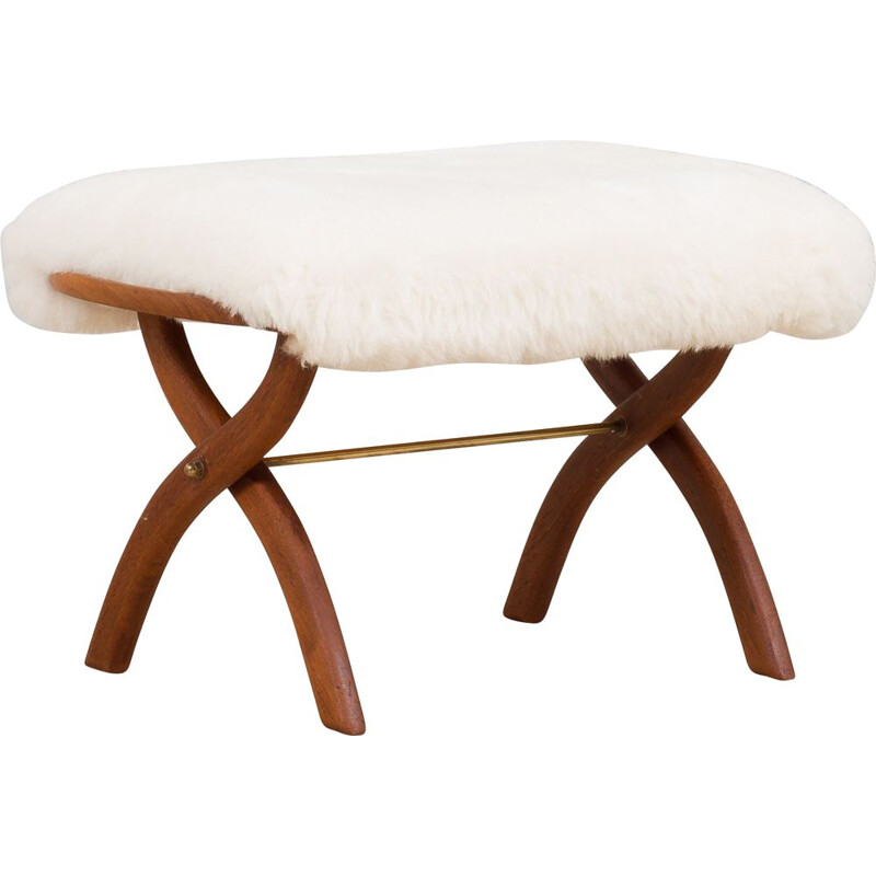 Vintage danish solid teak stool in Merino sheepskin, 1950s 